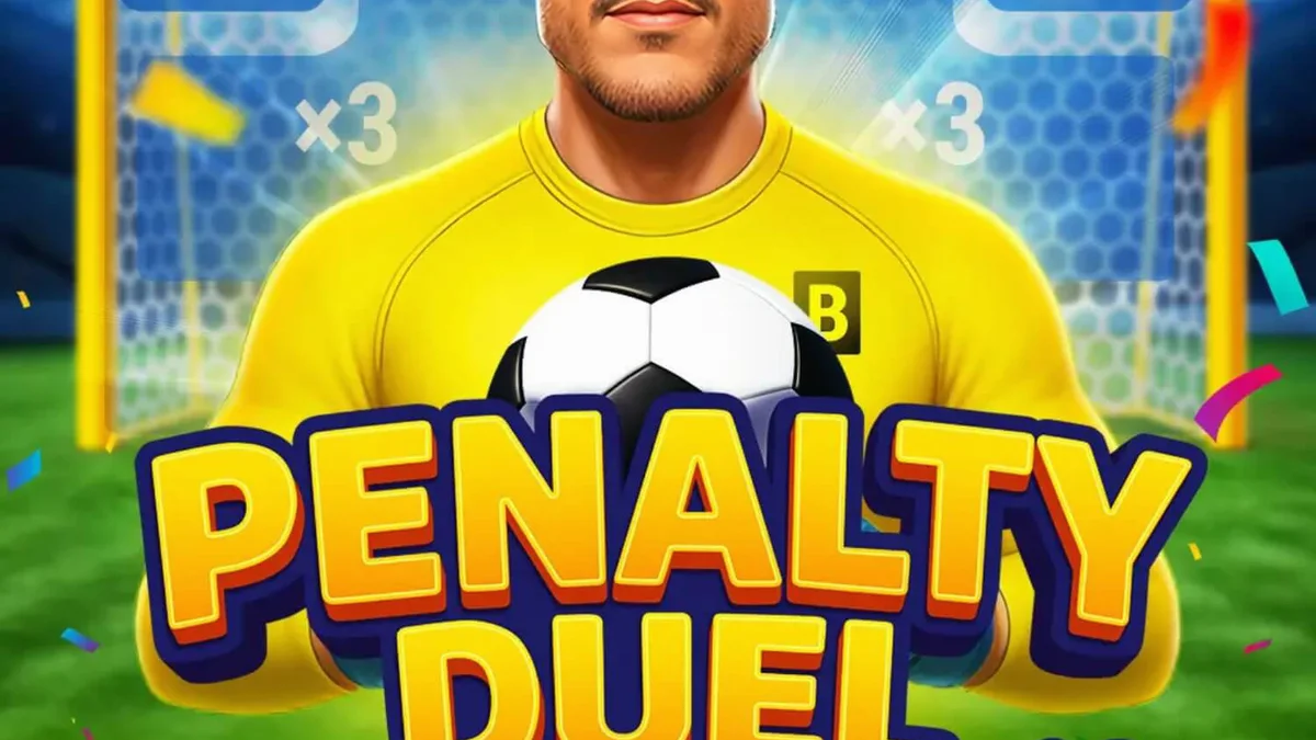 Tampilan antarmuka permainan Penalty Duel with J&uacute;lio C&eacute;sar dengan latar stadion sepak bola.